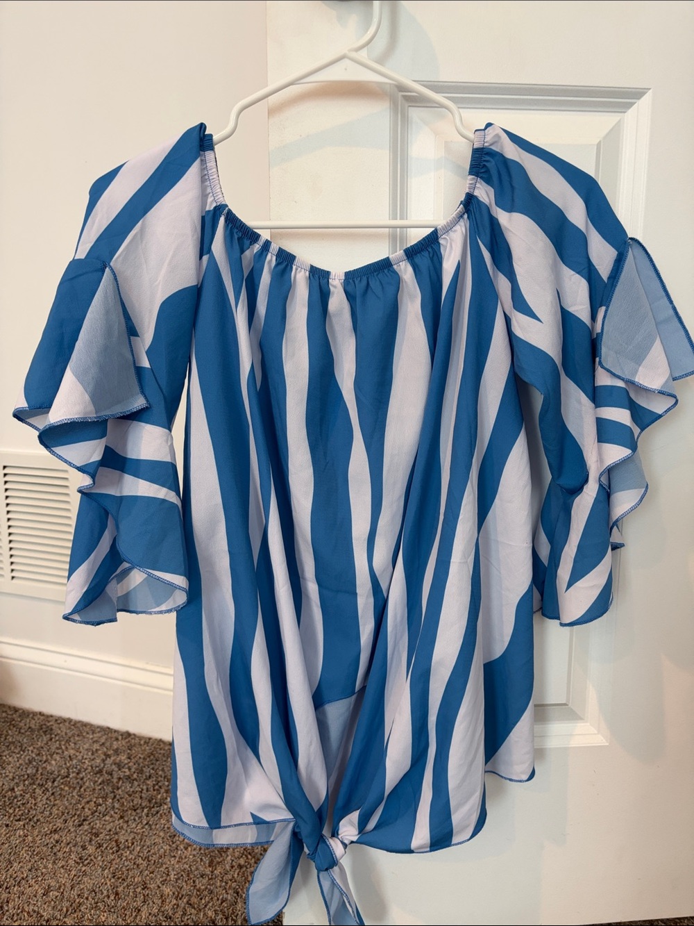 Blue and White Striped Off-Shoulder Tie-Front Blouse- never worn